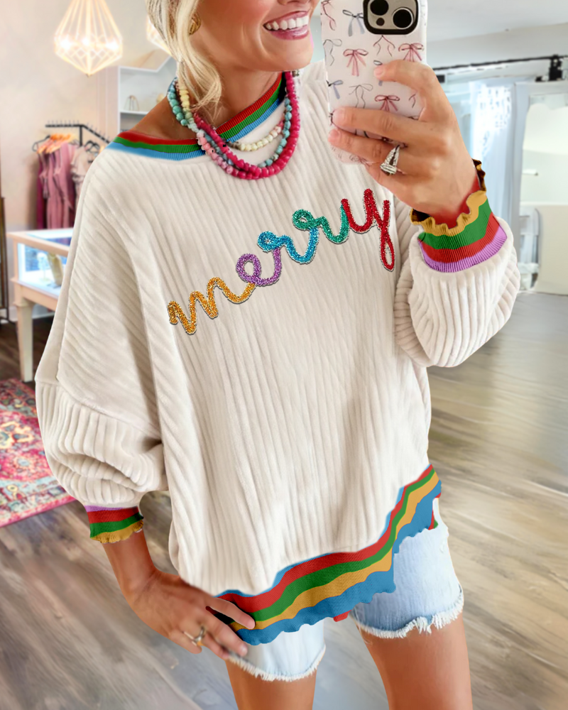 Merry Embroidered Multicolor Trim Sweatshirt