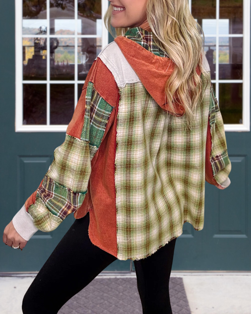 Oversized Patchwork Colorblock Check Hoodie