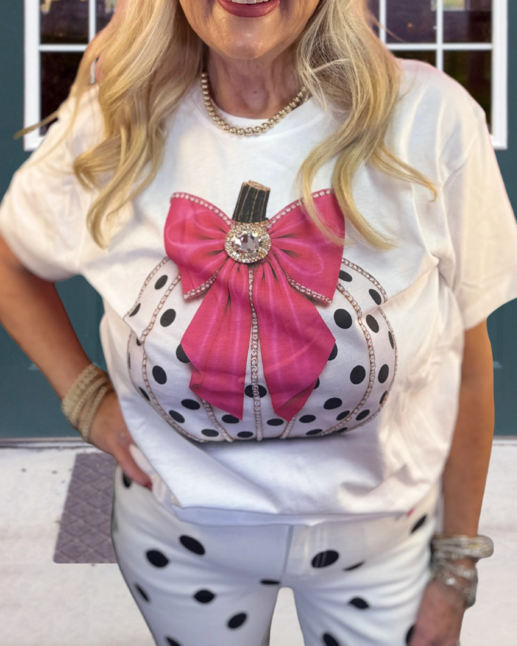 Polka Dot Rhinestone Pumpkin Bow T-shirt