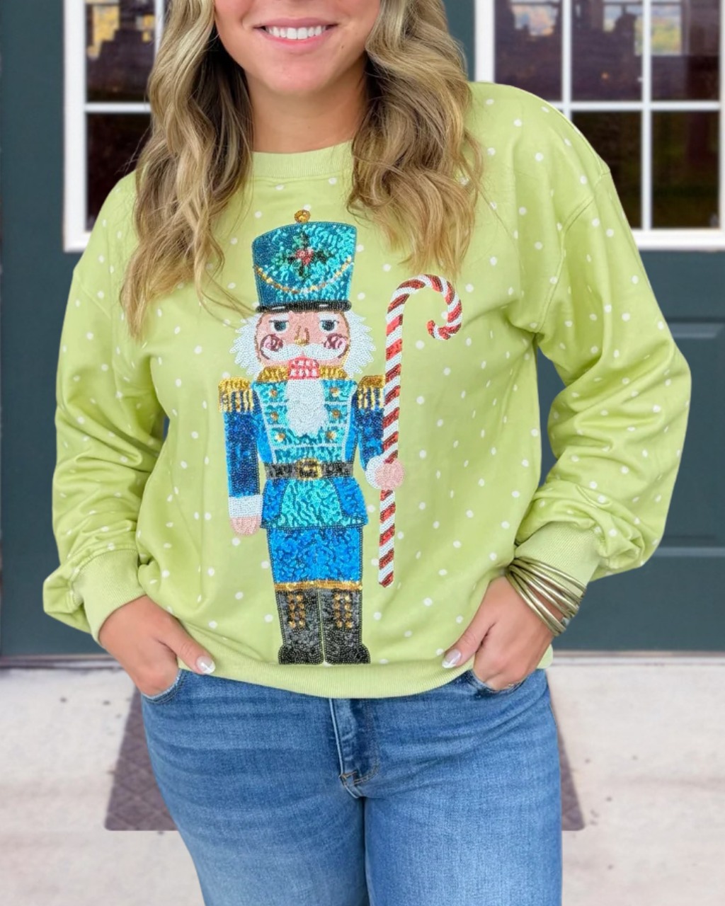 Playful Polka-Dot Nutcracker Sequin Pullover