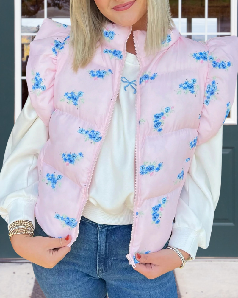 Ruffled Floral Zip-Up Vest