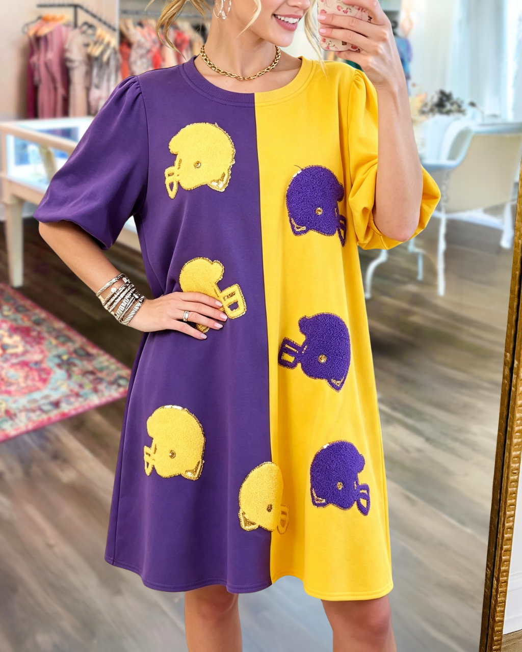 Helmet-embroidered Patch Color-blocked Dress