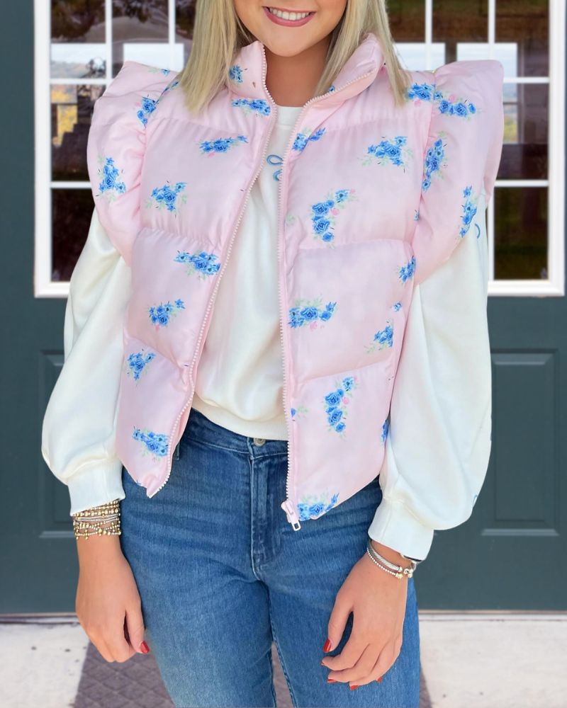 Ruffled Floral Zip-Up Vest