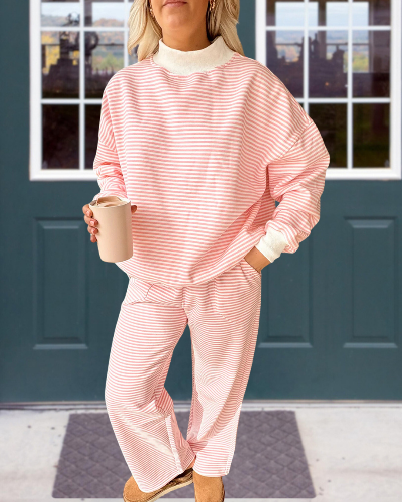 Casual Turtleneck Striped Set
