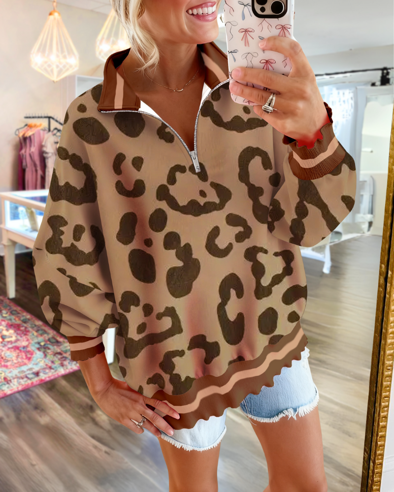 Leopard Striped Half-Zip Sweatshirt