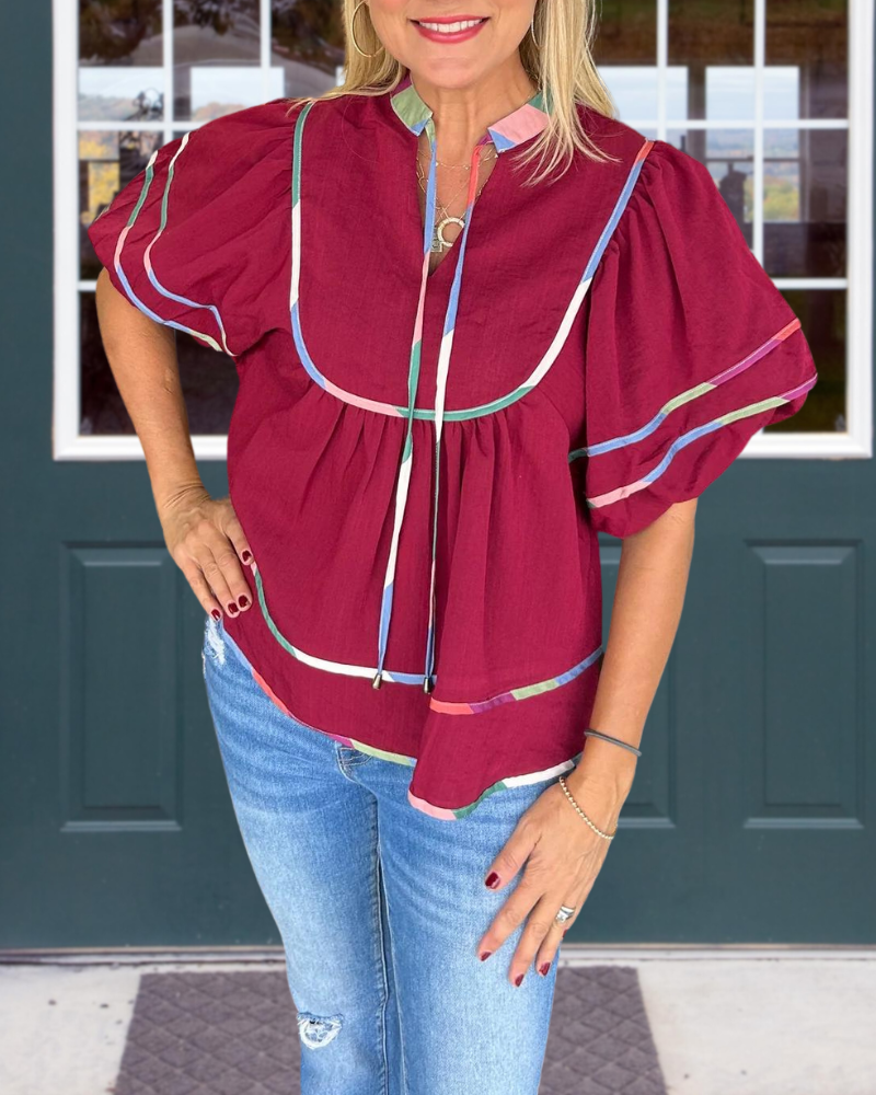 Poplin Trims Balloon Sleeves Top