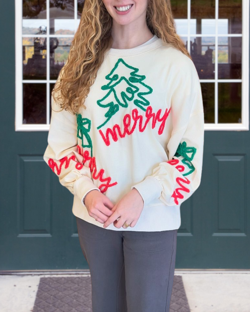 Merry Christmas Tree Embroidered Sweatshirt