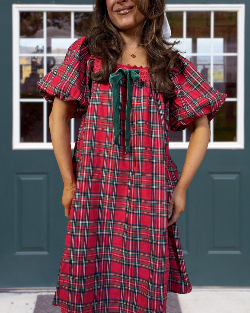 Stylish Plaid Bow Lace Dress