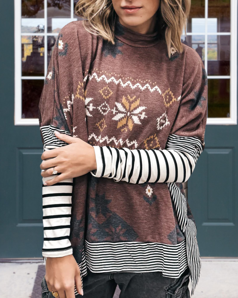 Striped Patchwork Geometric Turtleneck Top