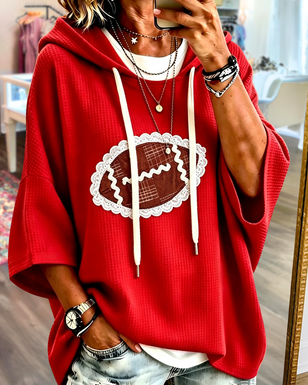 Football Embroidery Waffle Hoodie