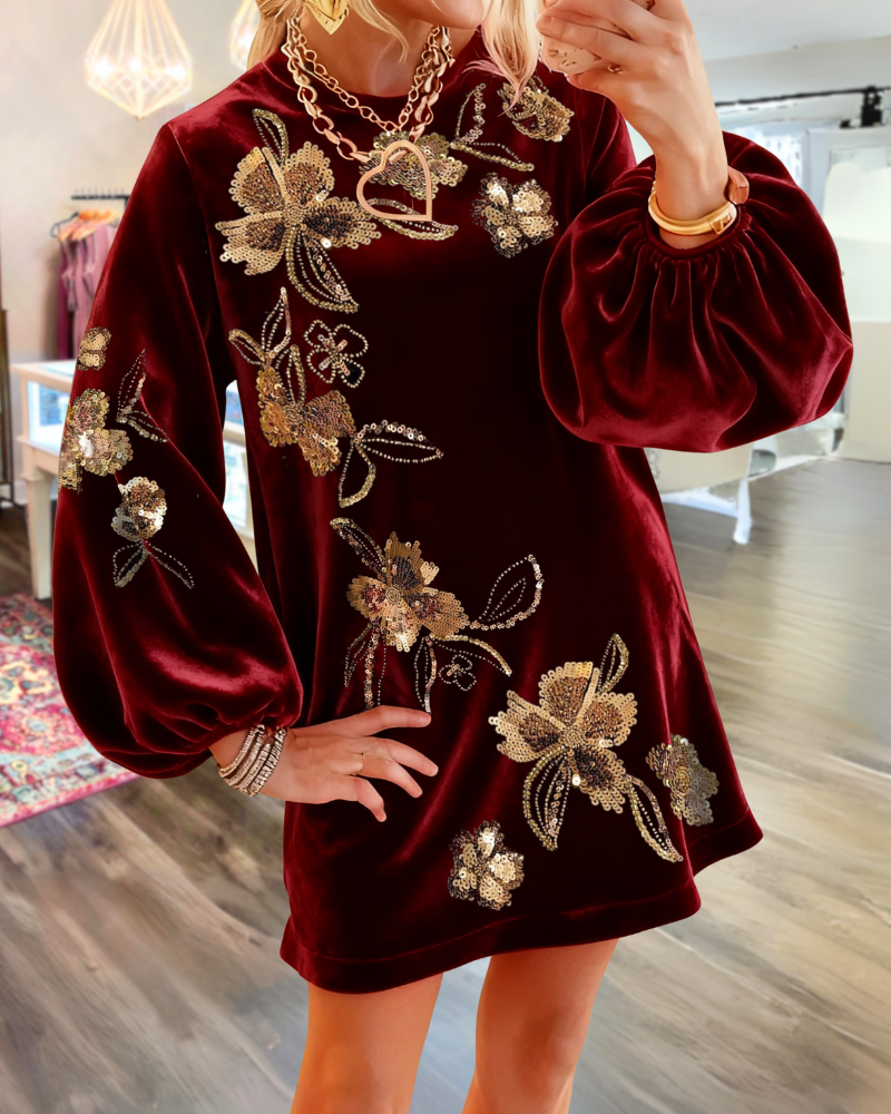 Unique Floral Velvet Sequined Dress