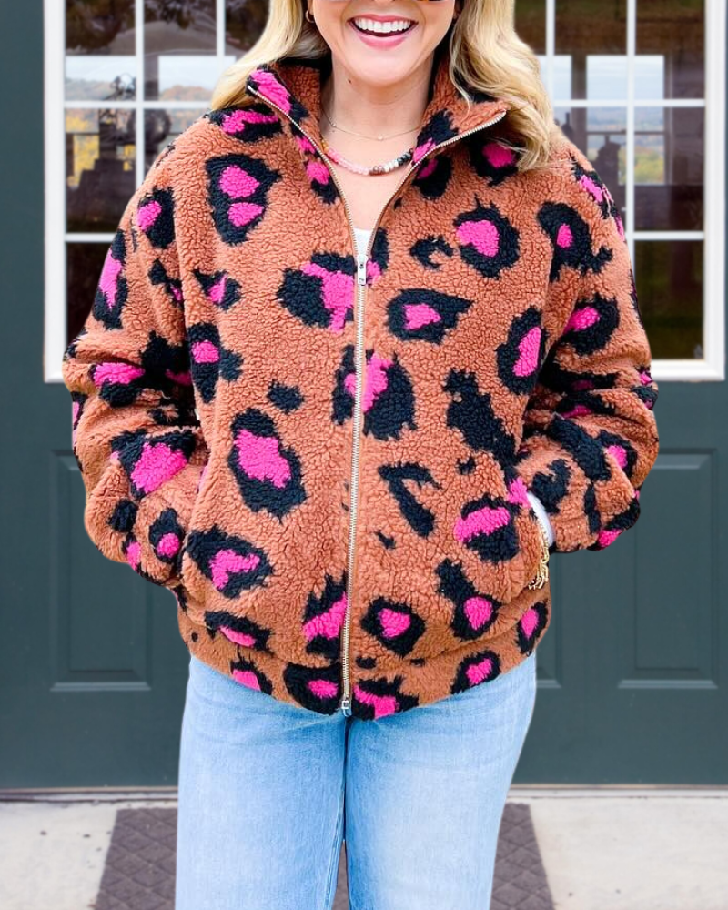 Leopard Sherpa Zip-Up Jacket