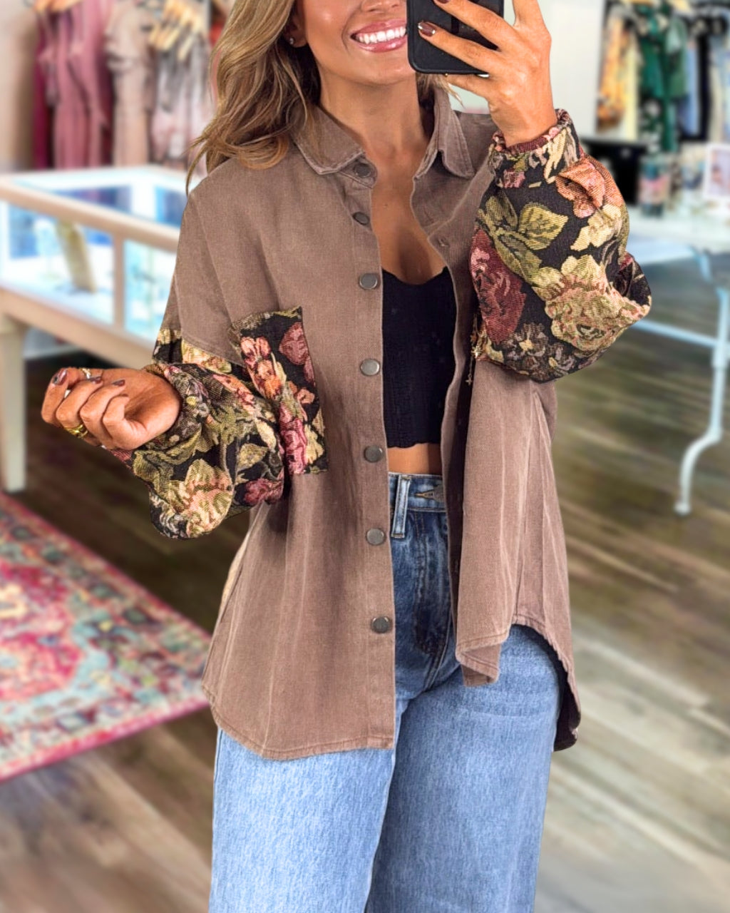 Mixed Pattern Floral Jacquard Shacket