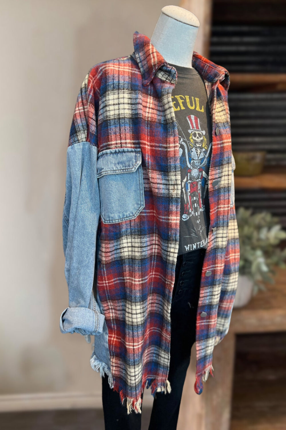 Denim&Plaid Patchwork Oversize Shacket