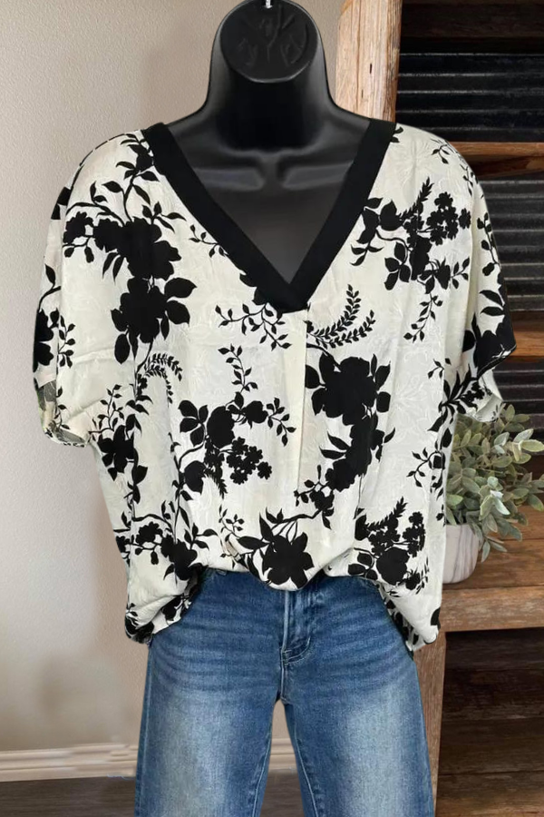 Black/White Floral V Neck Top