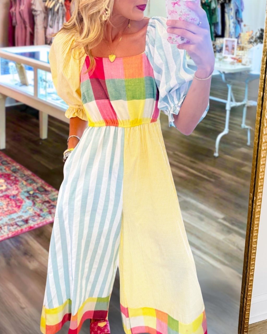 Rainbow Patchwork Puff Sleeve Jumpsuit
