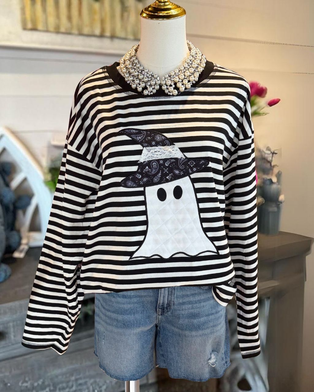 Halloween Ghost Striped Embroidery Top