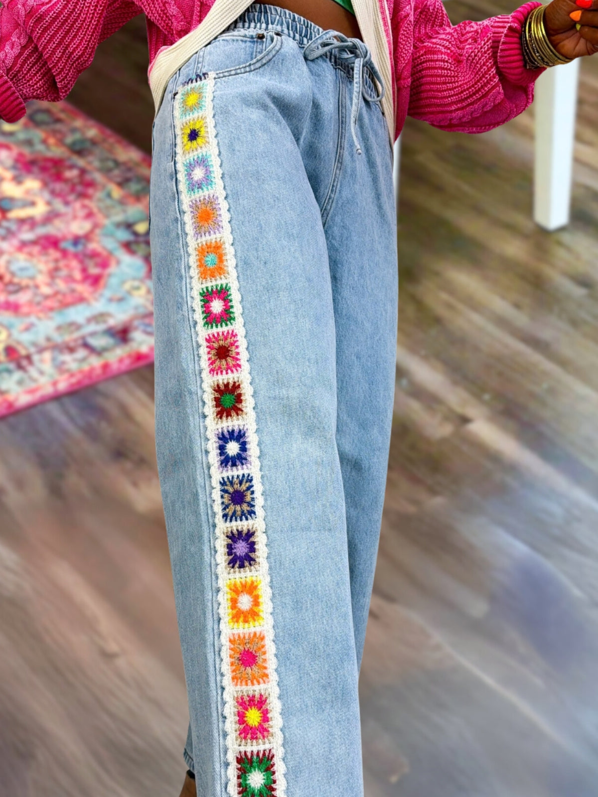 Side-Embroidered Floral Jeans