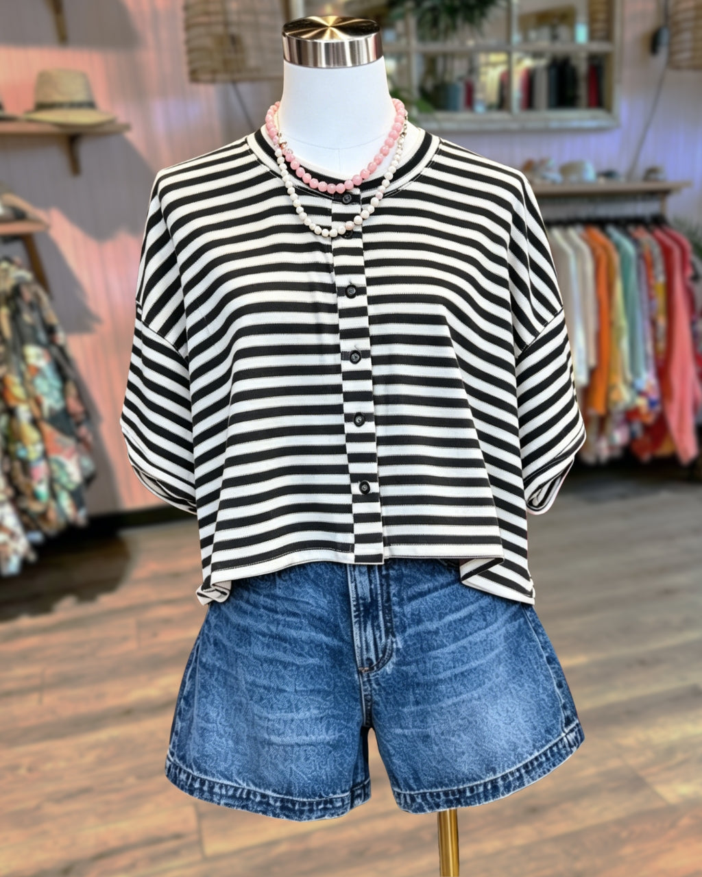 Striped Collins Button Tee
