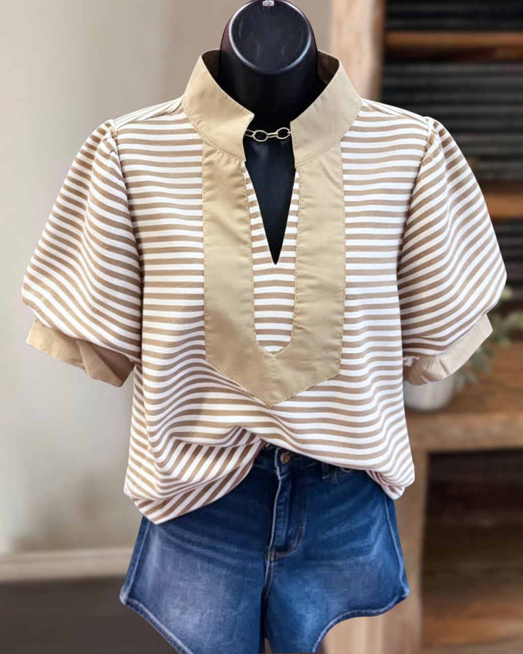 Striped Puff Sleeves Satin Top