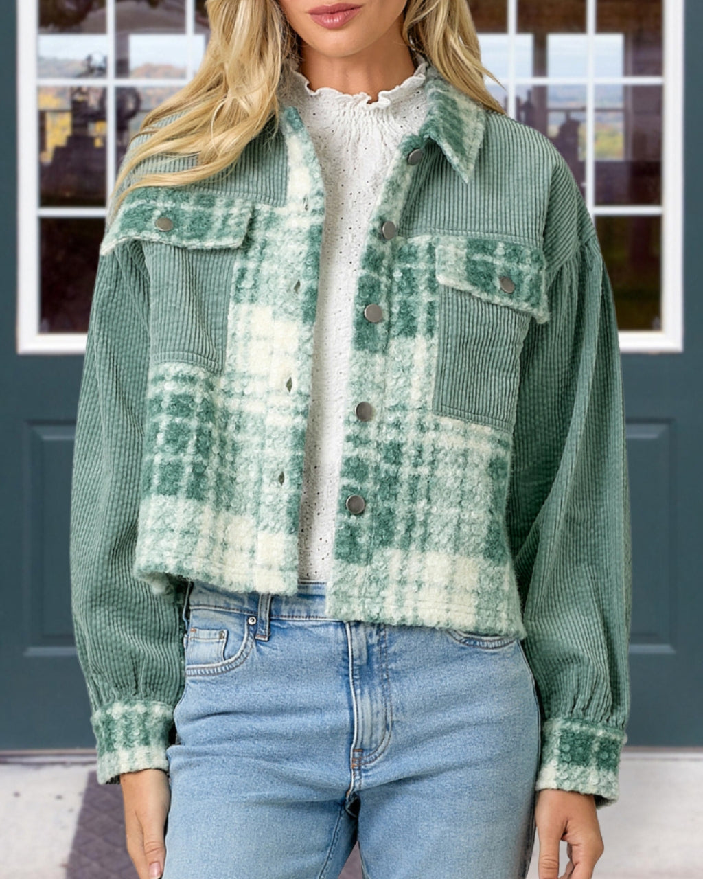 MOON Corduroy+Plaid Cropped Jacket