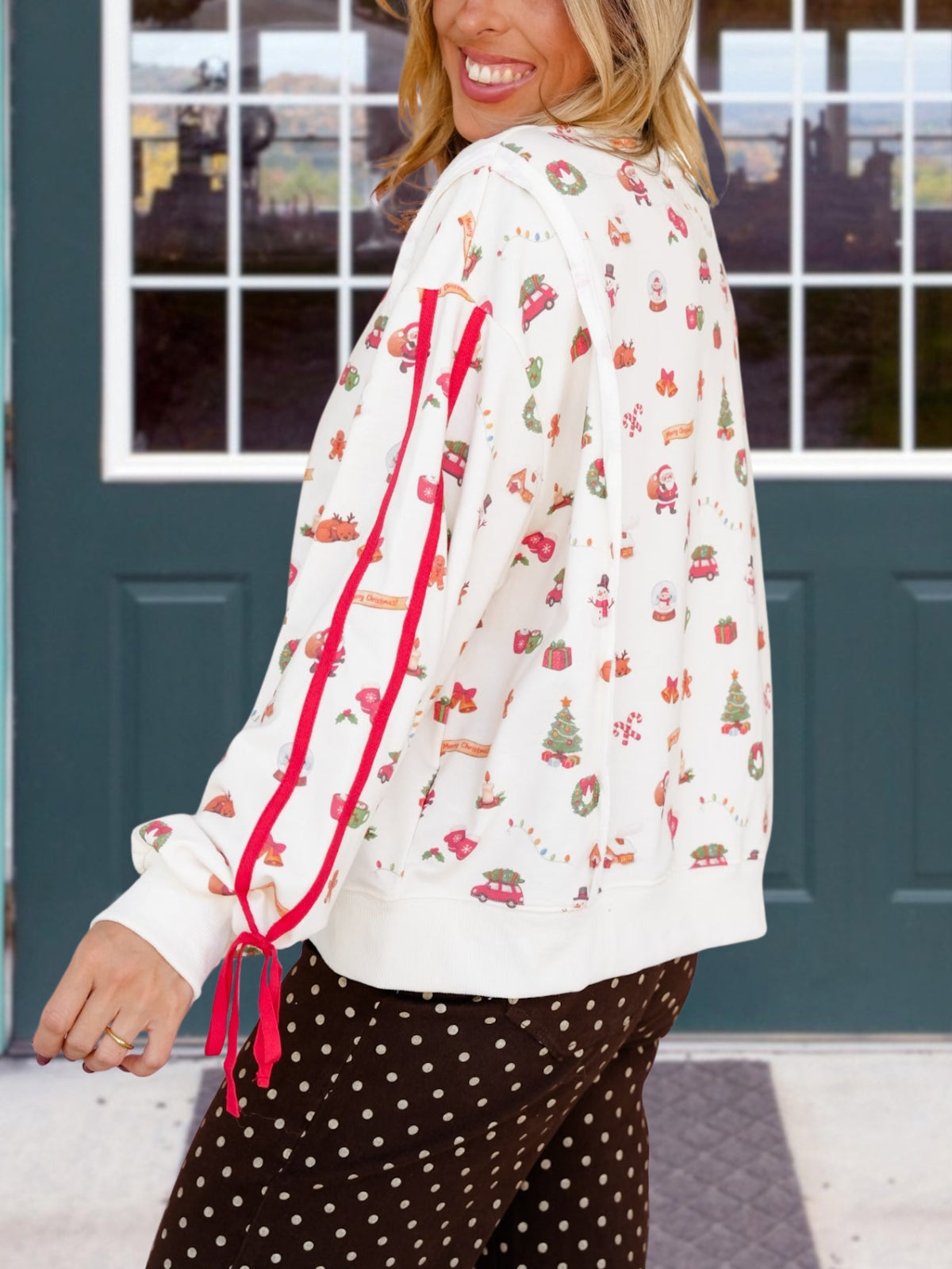 Christmas Print Webbing Bow Pullover