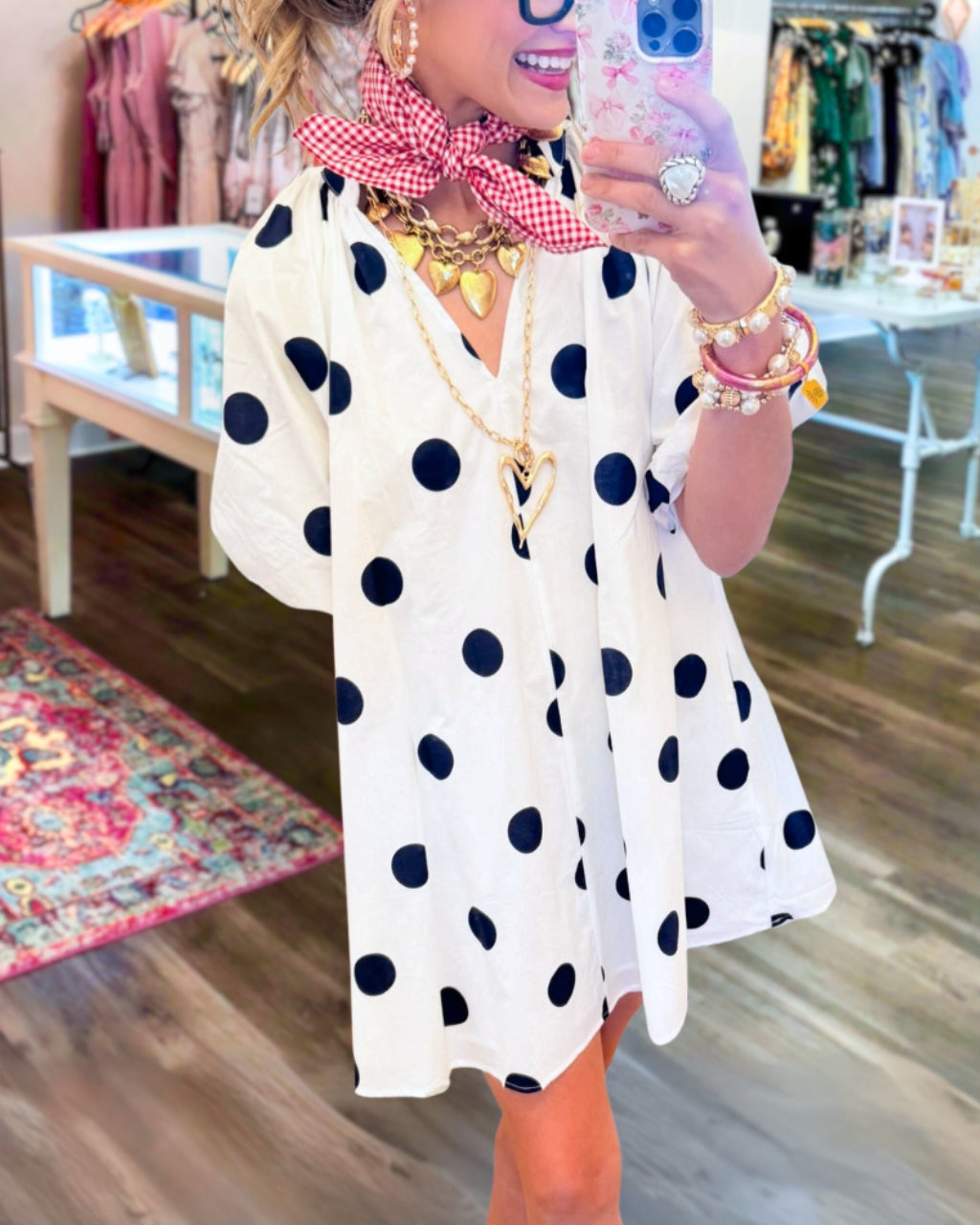 Puff Sleeves Polka-Dot Satin Dress