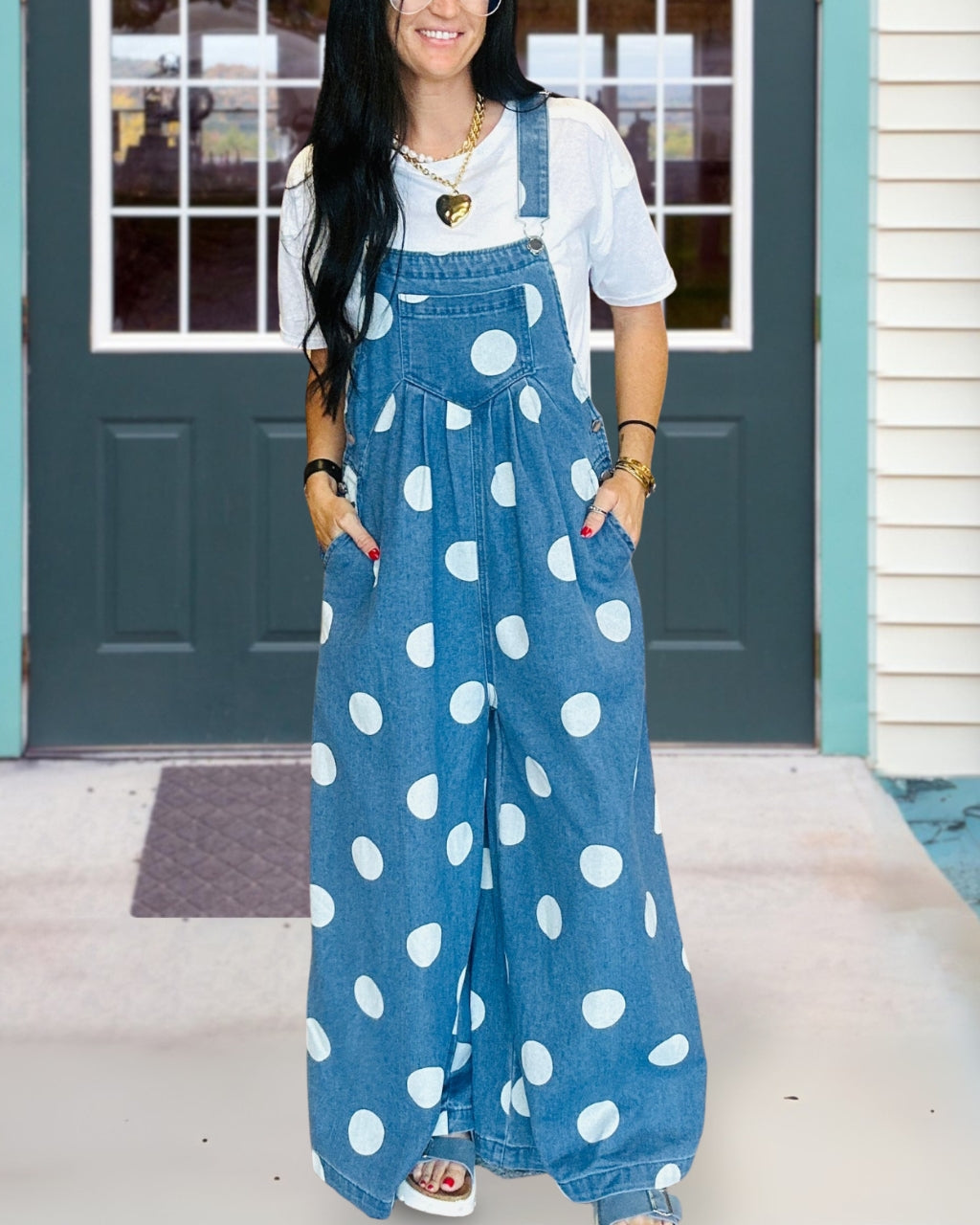 Polka Dot Print Denim Overalls