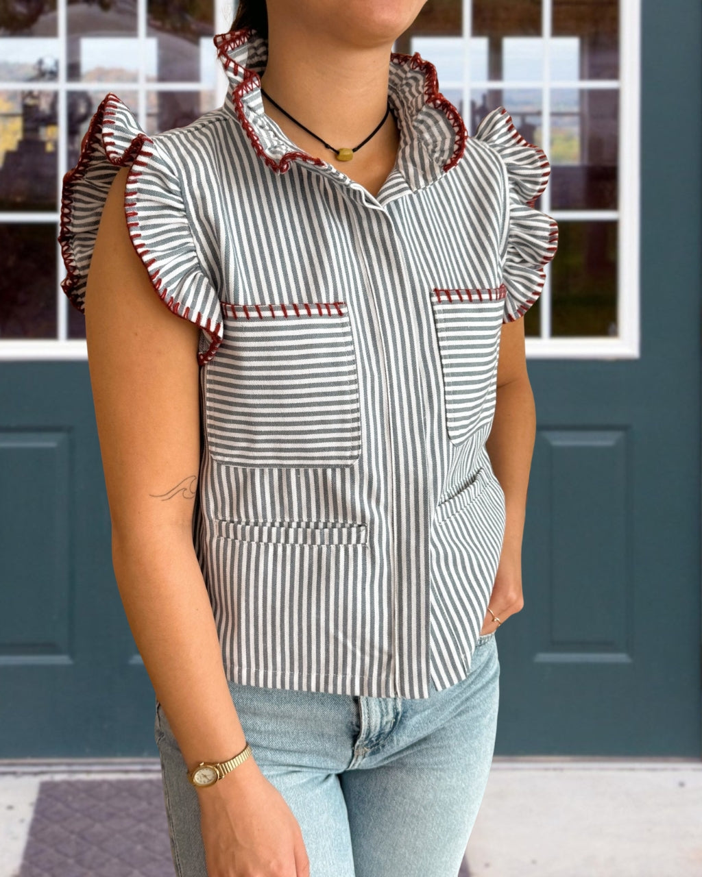 Pinstripe Ruffle Blouse