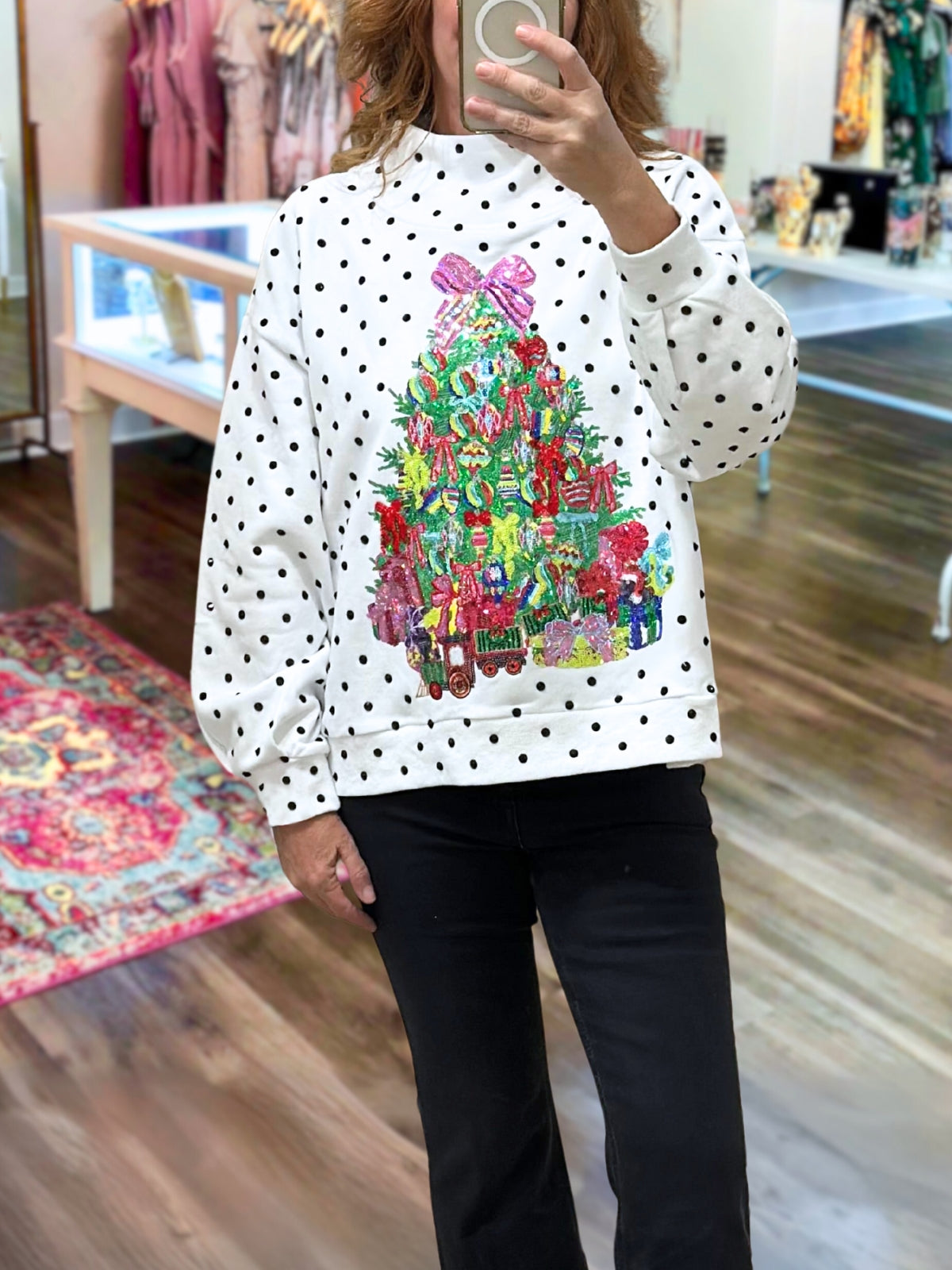 Sequin Christmas Tree Polka-Dot Pullover