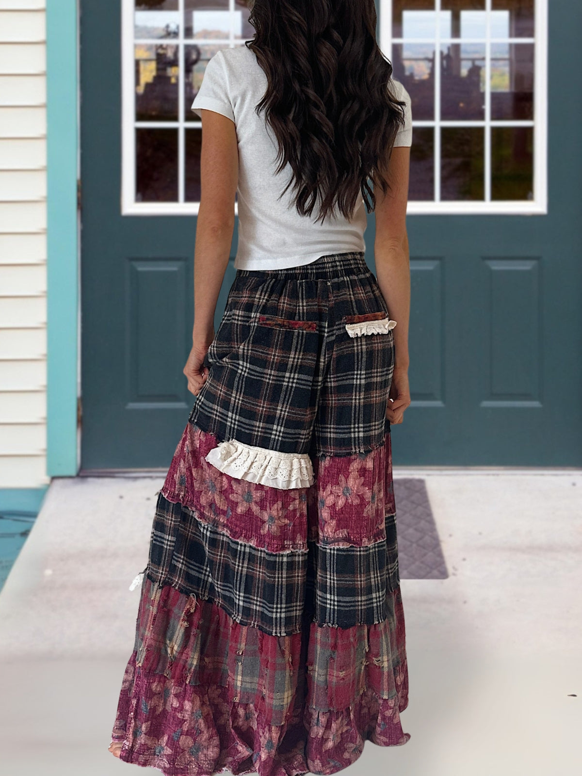 Stylish Floral Plaid Patch Ruffled Pants