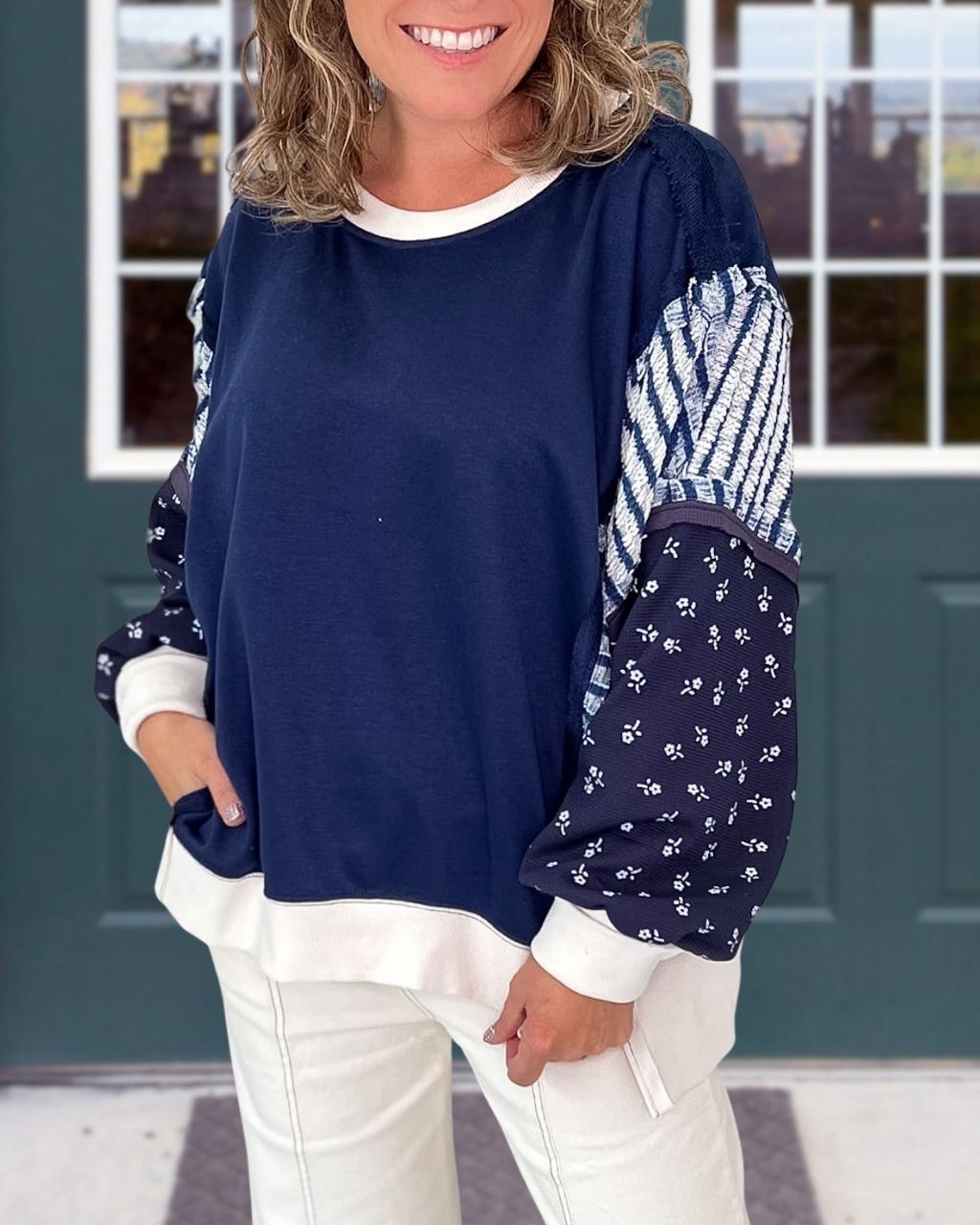 Patchwork Puff Sleeve Printed Pullover
