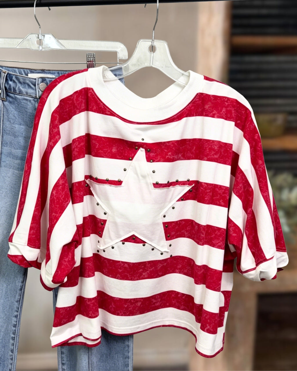 Star Rhinestone Striped Top