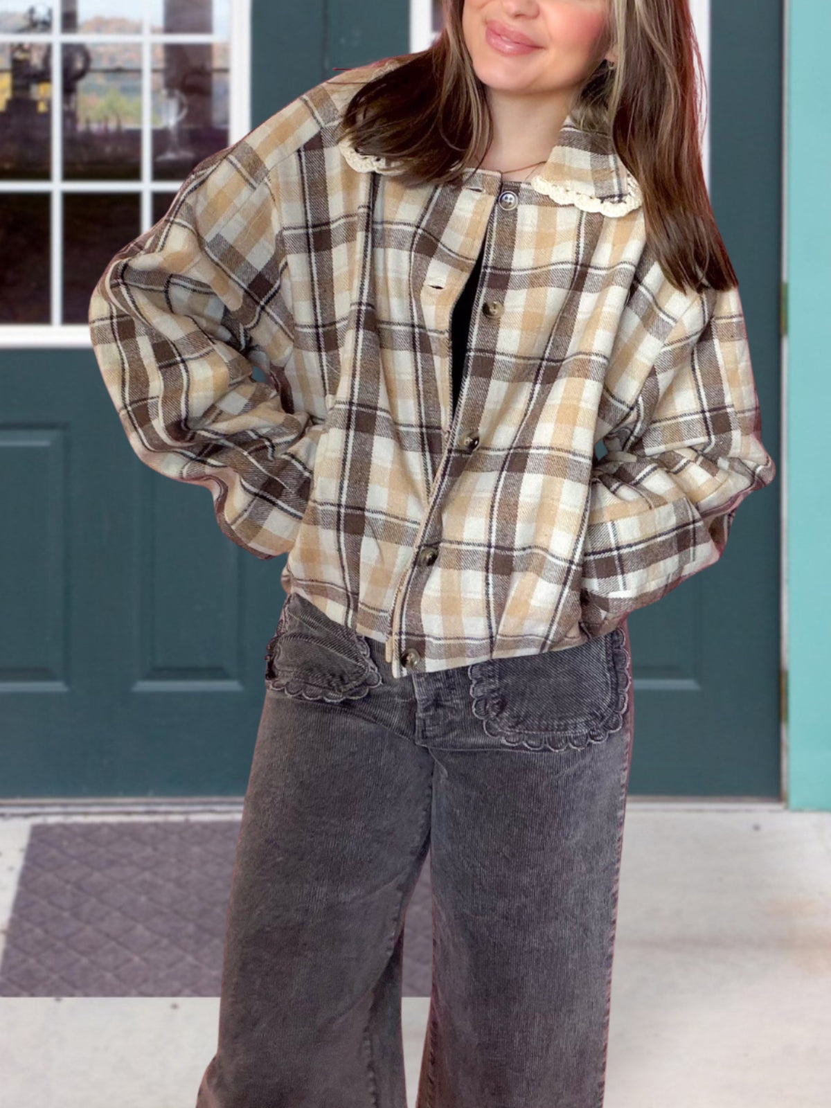 Lace Trimmed Plaid Wool Blend Jacket