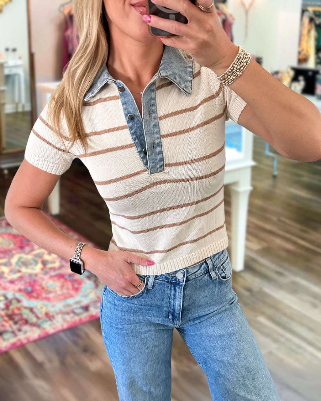 Denim Patchwork Collar Striped Top