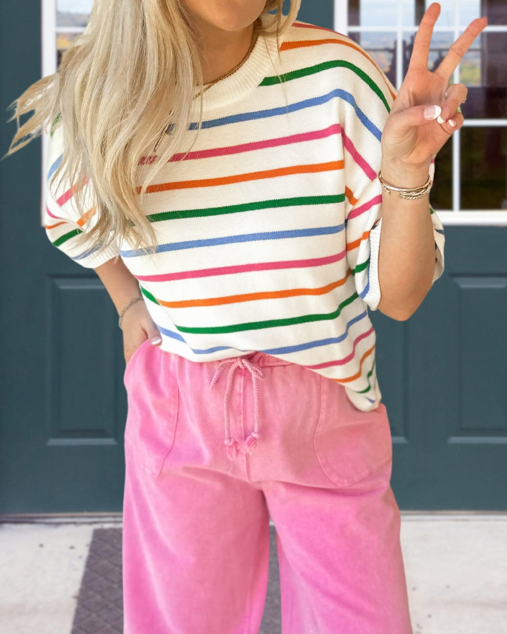 Colorful Striped Ribbed Crew Neck Tee