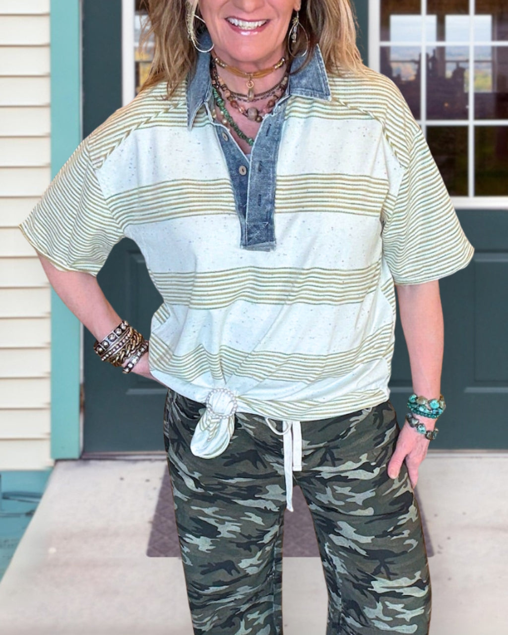 Striped Denim Patchwork Collared Top