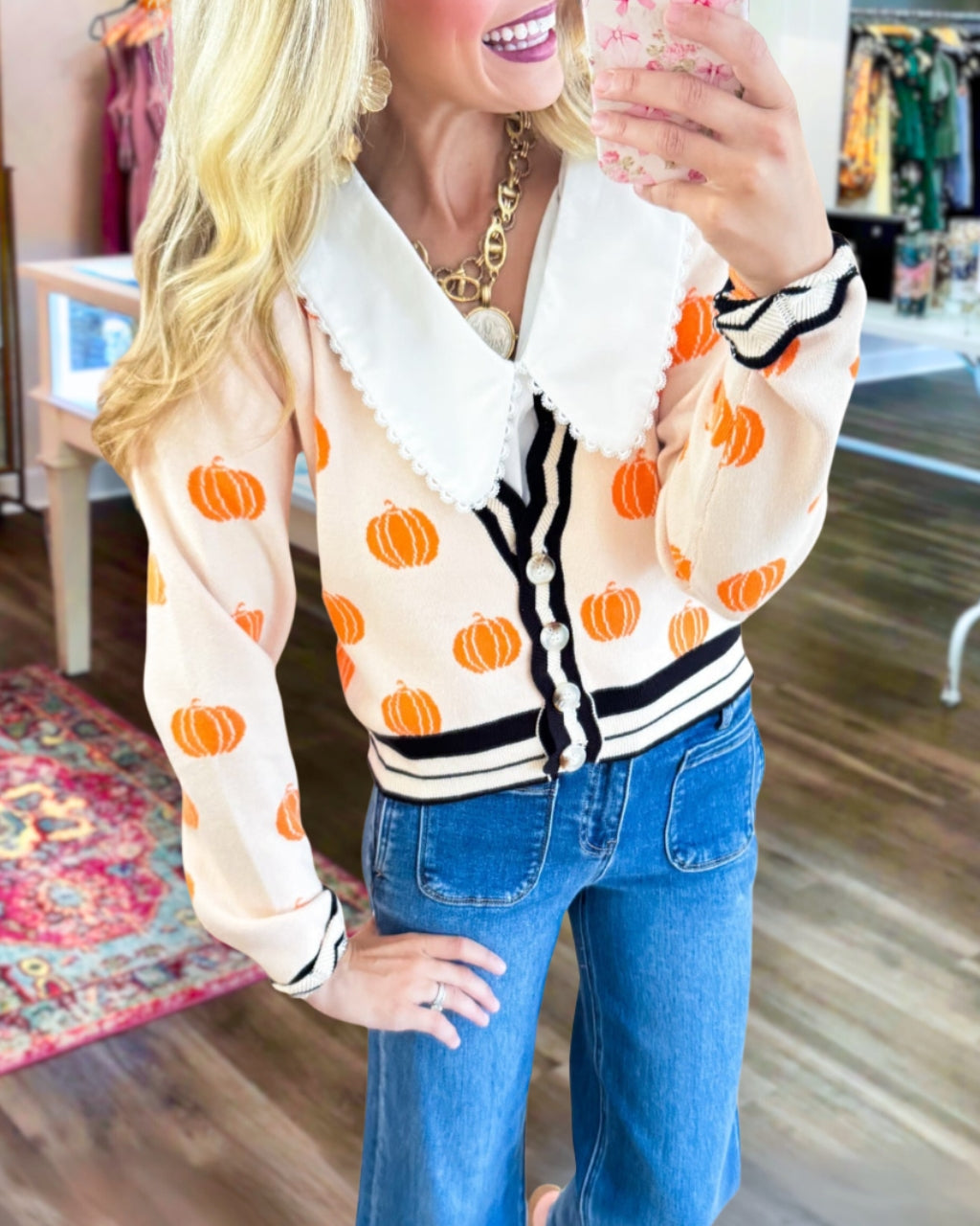 Pumpkin Print Knitted Cardigan