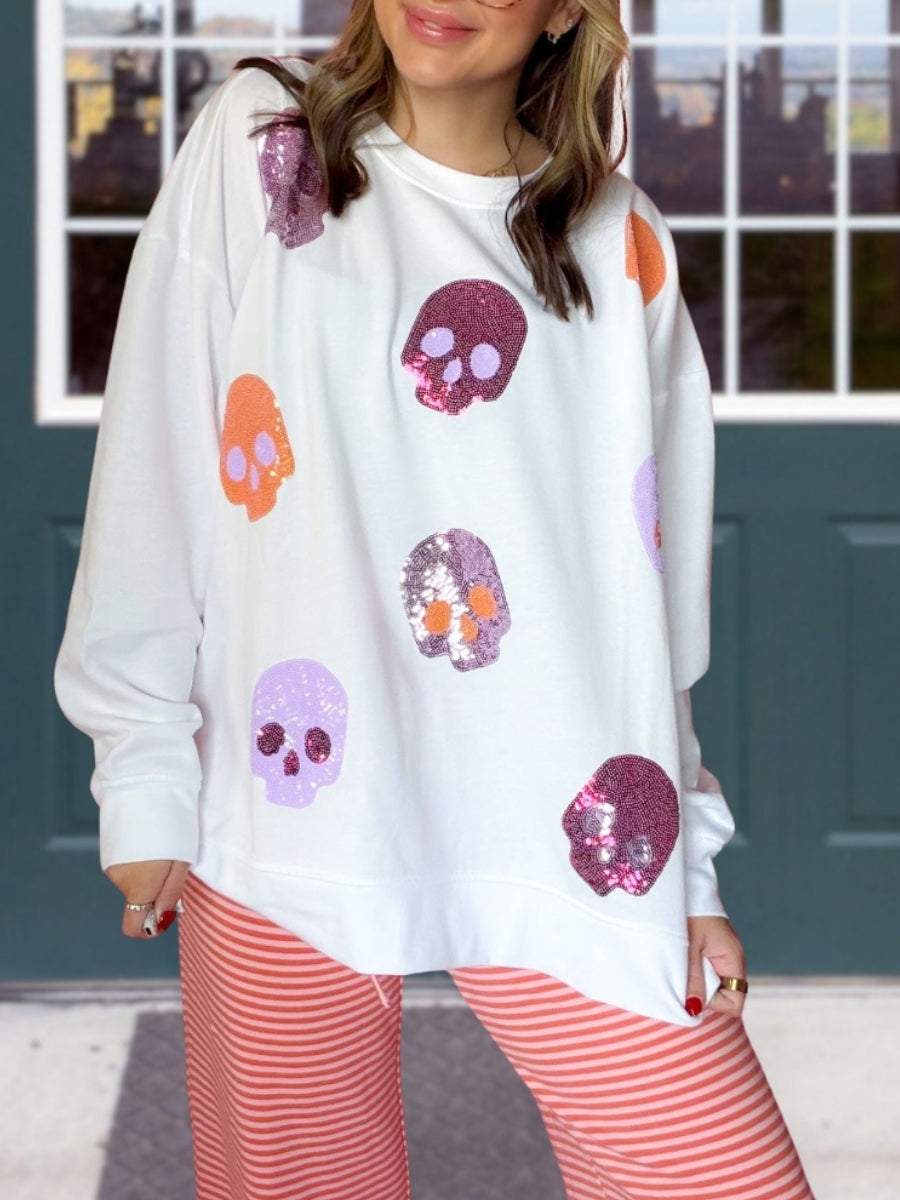 Colorful Sequin Skull Pullover