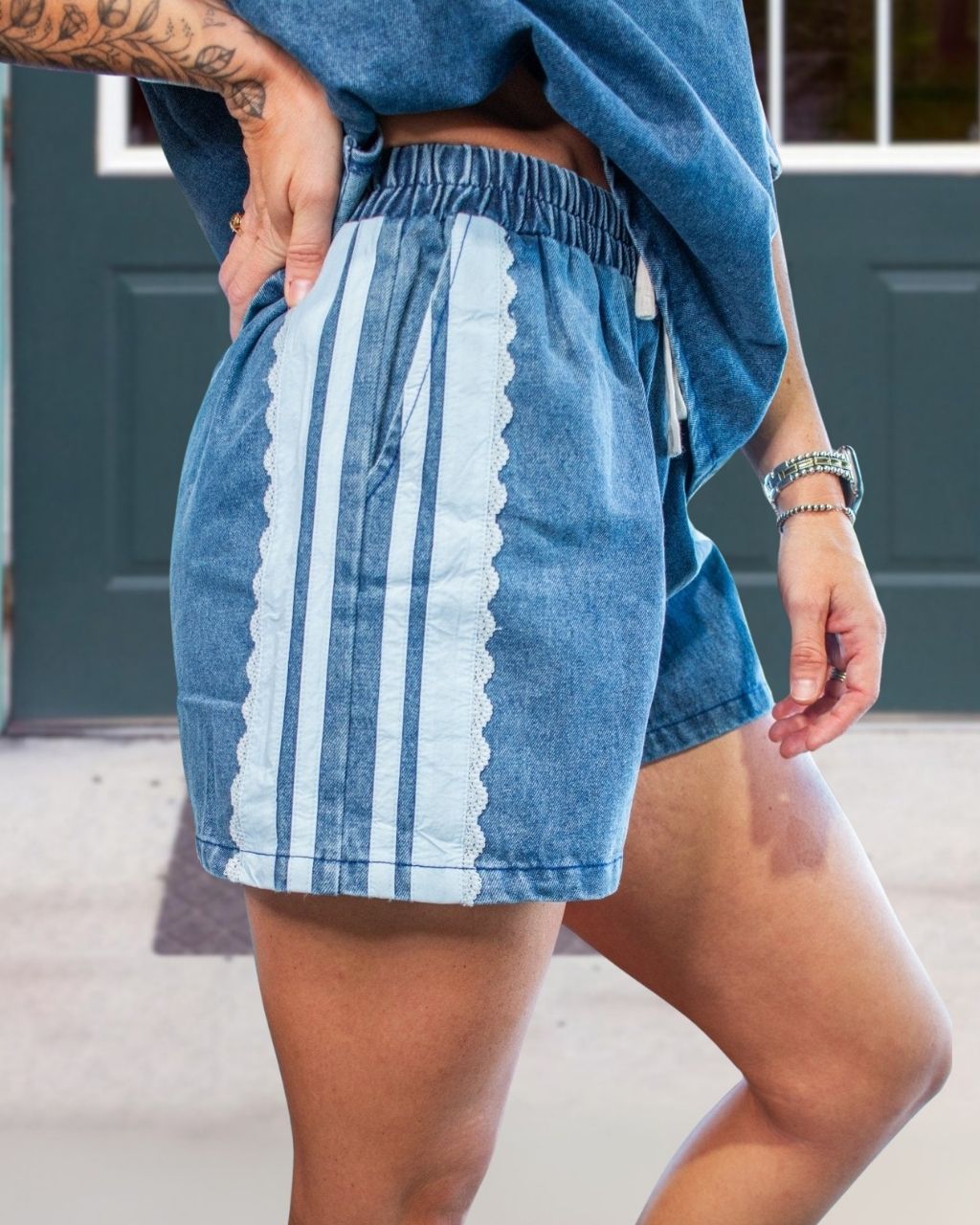 Side Striped Distressed Denim Sets