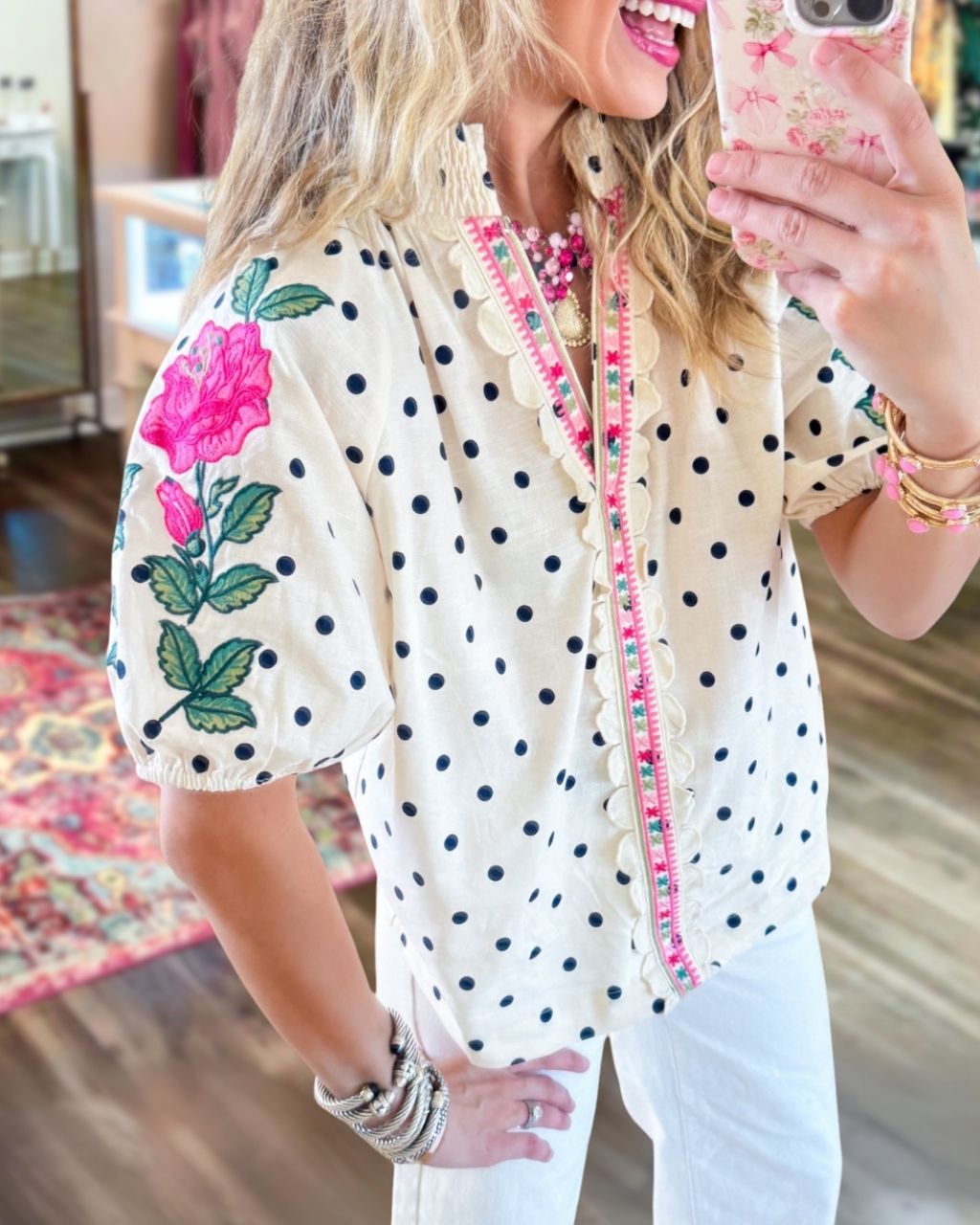 Floral Embroidered Polka Dot Top