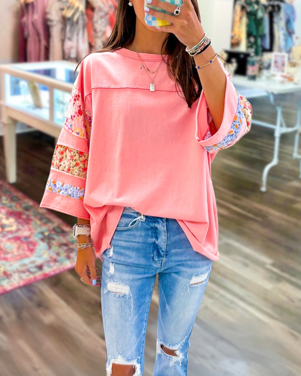 Floral Patchwork Sleeve Top