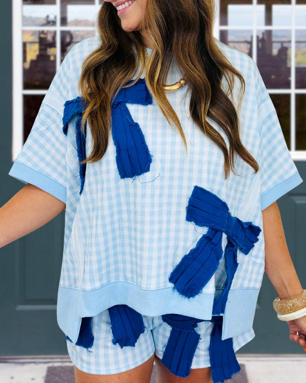 Bow Patch Plaid Top