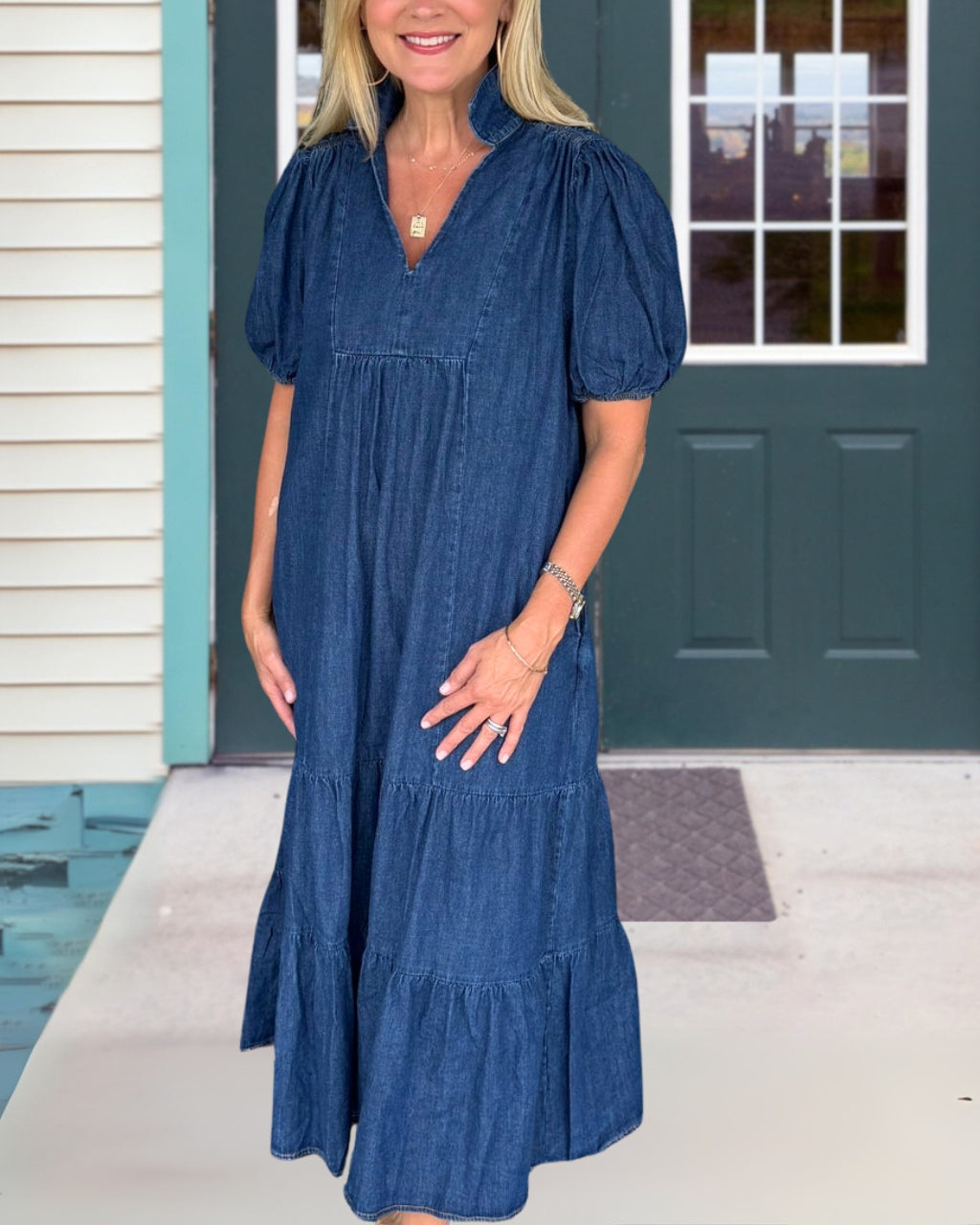 Puff Sleeve Denim V-neck Dress
