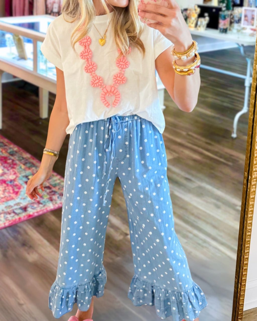 Polka-Dot Ruffled Hem Pants