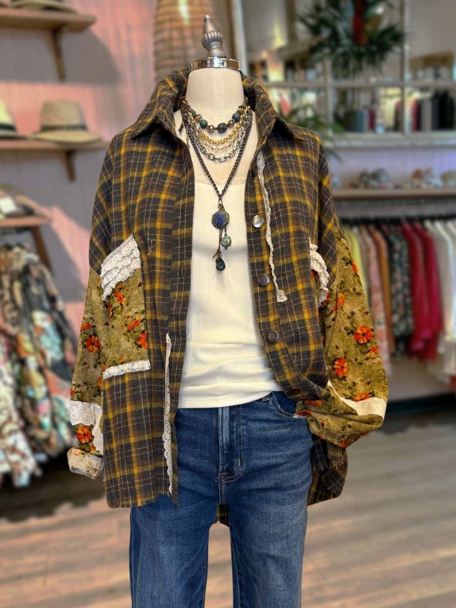Brushed Plaid Appliqué Lace Shirt
