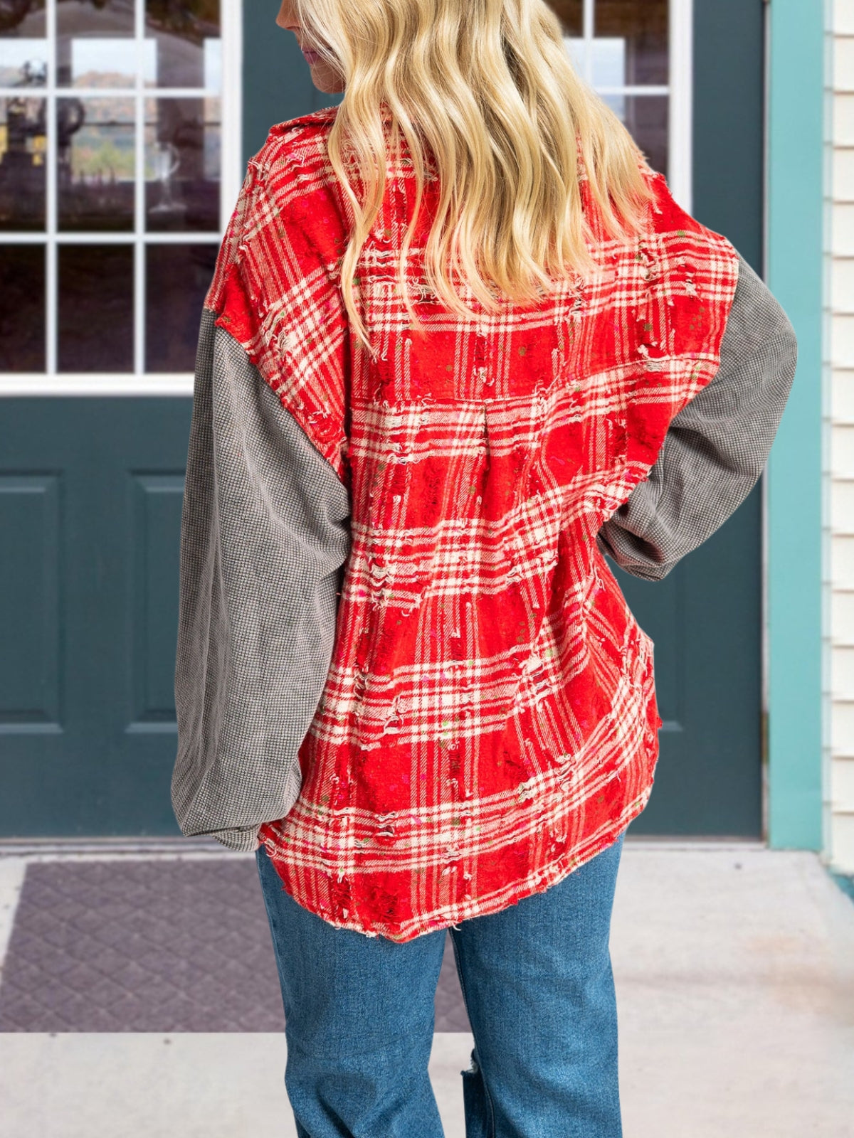 Plaid Patchwork Waffle Wool Blend Shirt