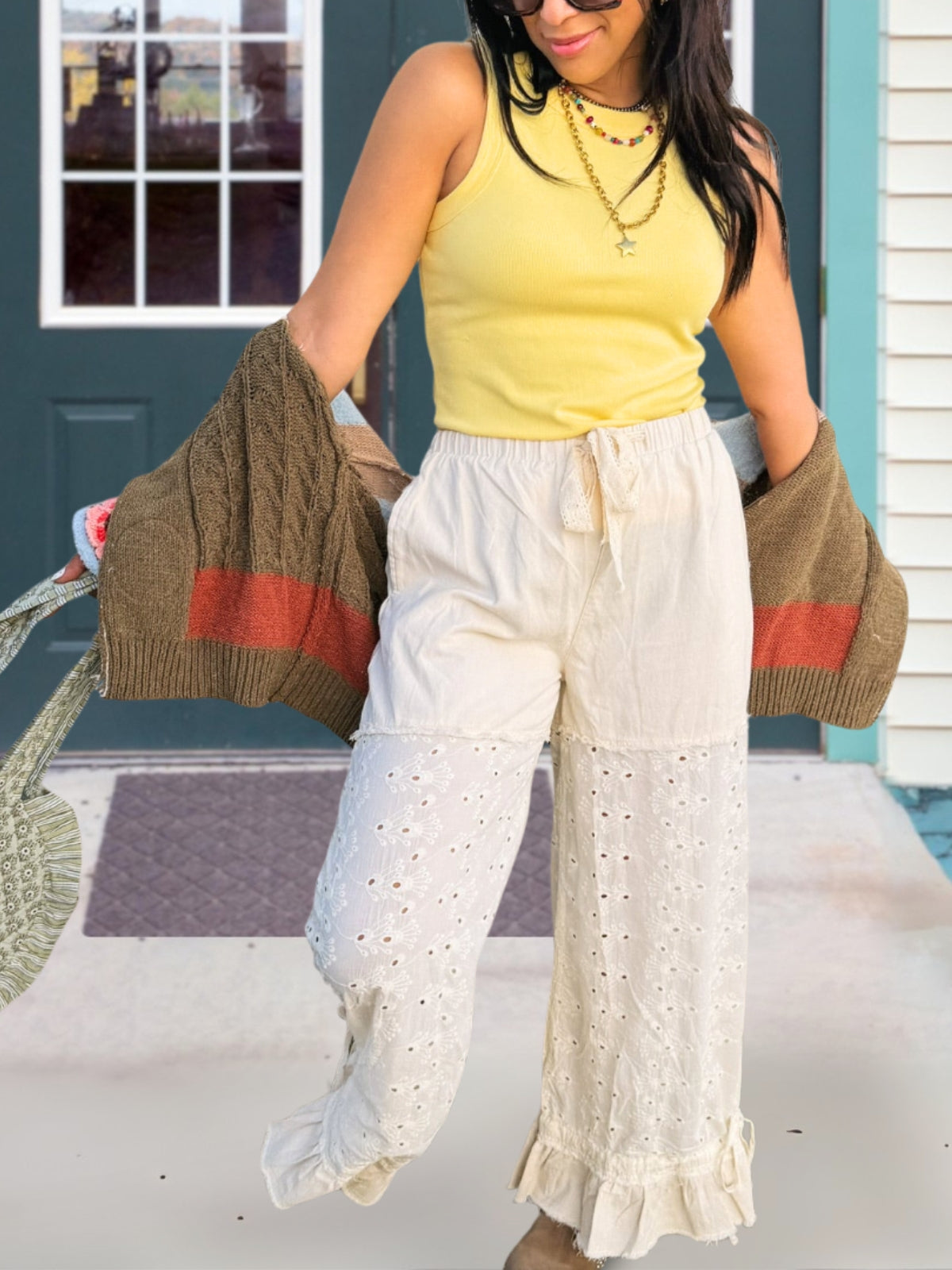 Ruffled Openwork Patchwork Pants
