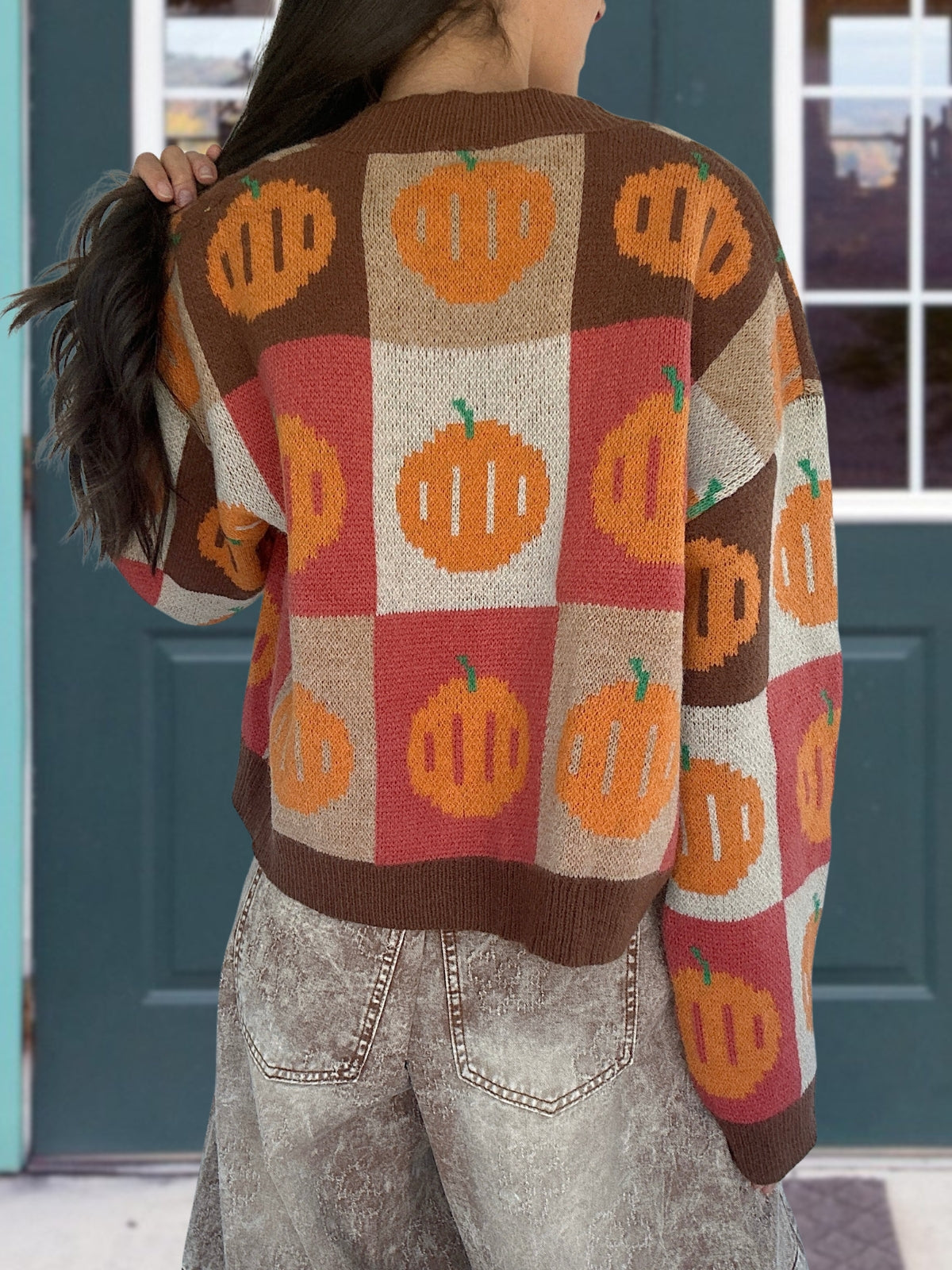 Checkerboard Pumpkin-Pattern Cardigan