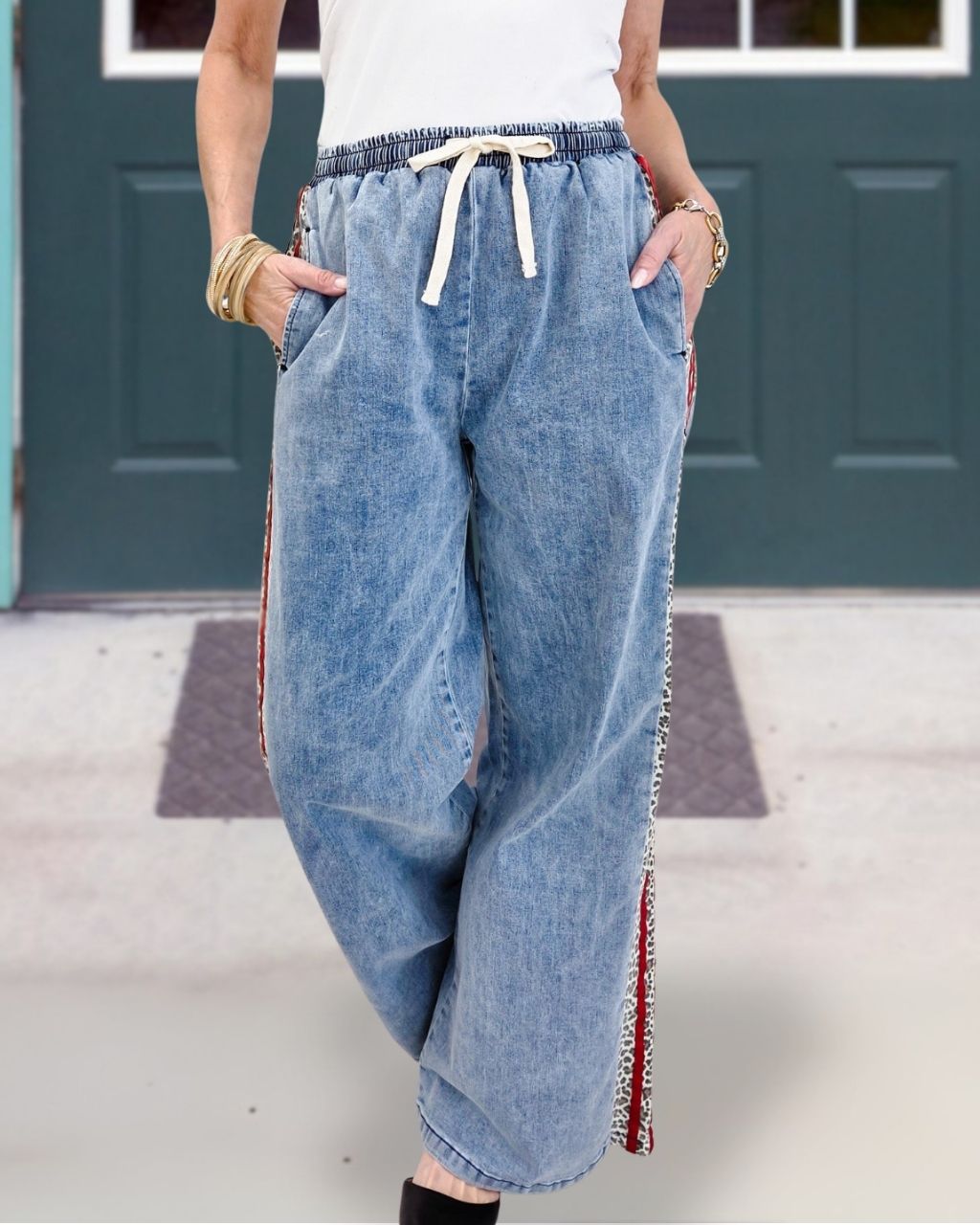 Leopard Side-stripe Washed Denim Jeans